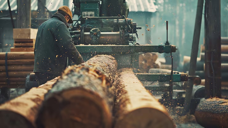 Timber yard with stacked logs and a gantry crane